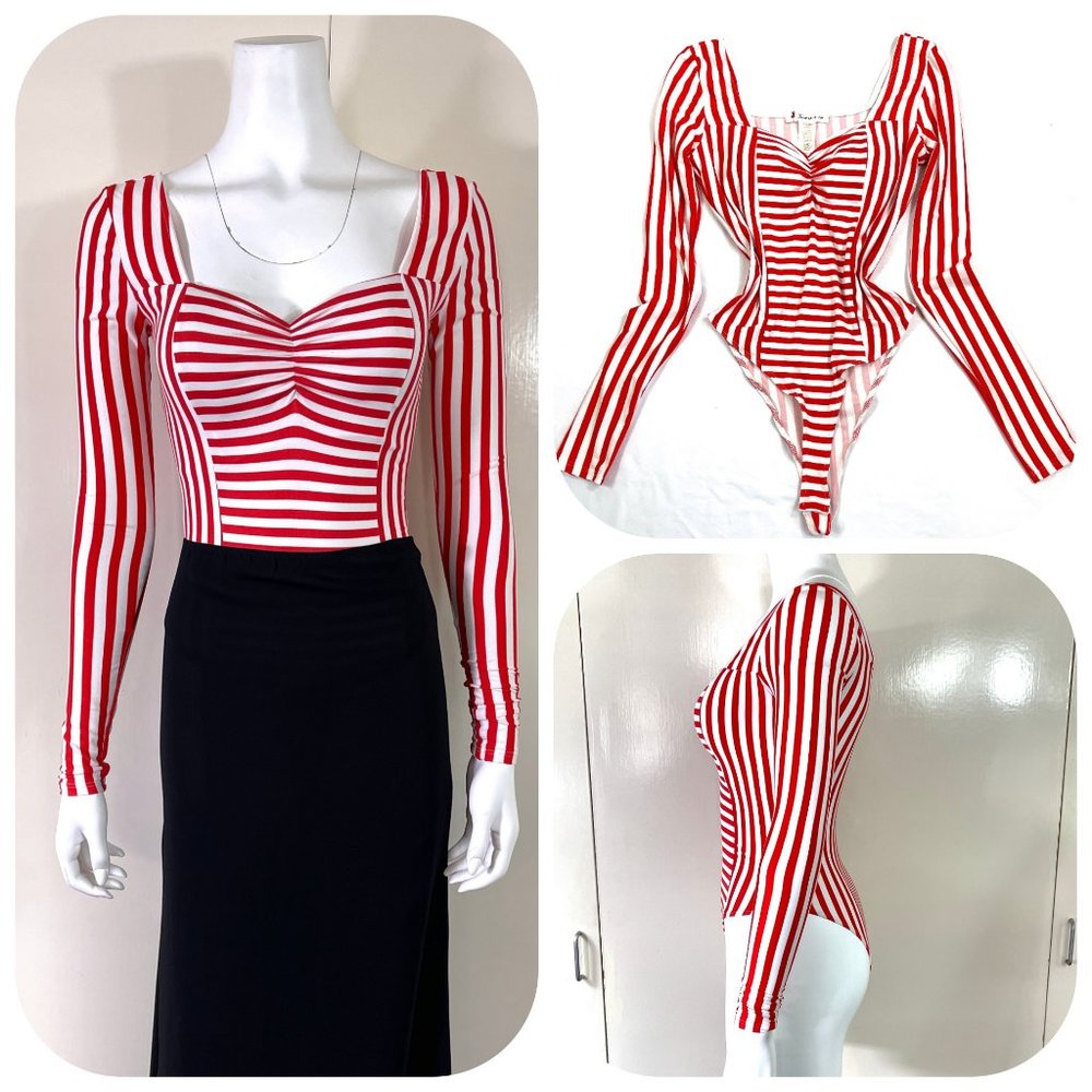 Jessmin in USA Sexy white red strips long sleeves bodysuit